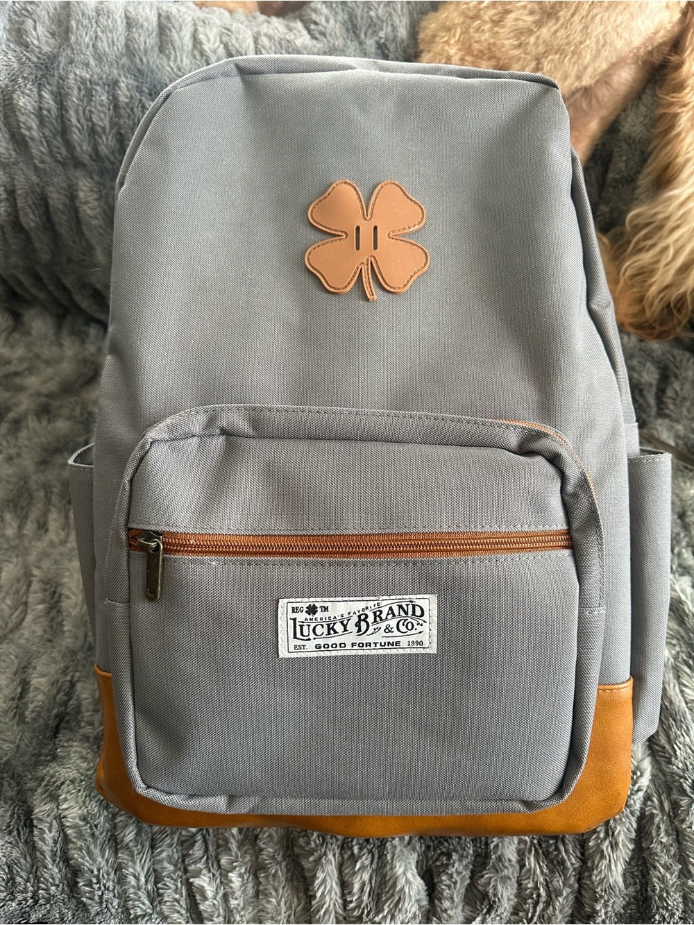 Lucky Brand Gray Backpack with Tan Accents and Clover Patch